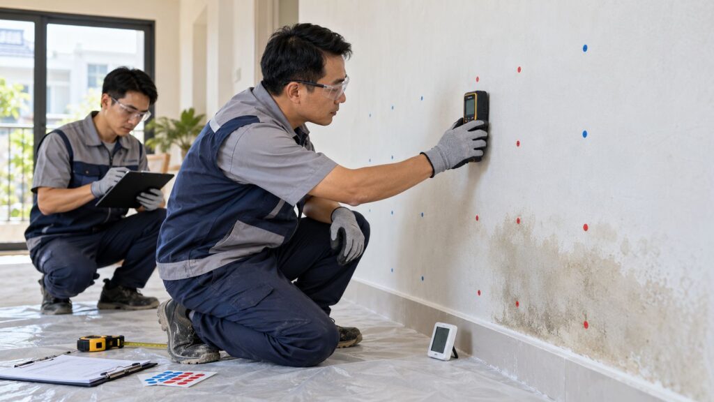 Đội ngũ Vân Huy lập bản đồ và đo độ ẩm tường trước khi sơn