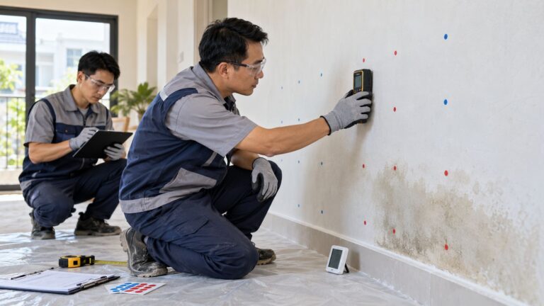 Đội ngũ Vân Huy lập bản đồ và đo độ ẩm tường trước khi sơn