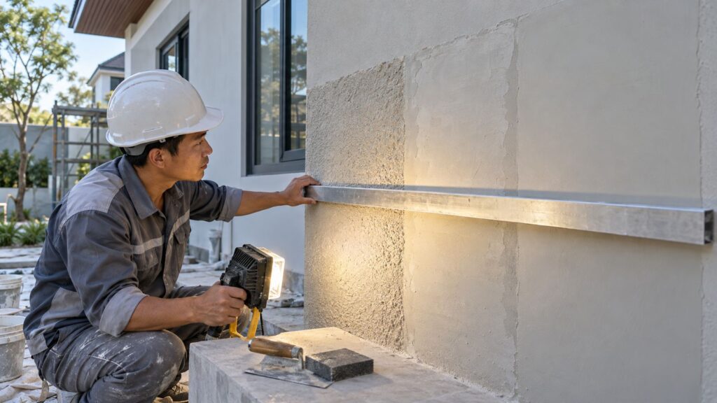 Có nên bả matit ngoại thất - Vân Huy kiểm tra độ phẳng ô mẫu tường ngoài