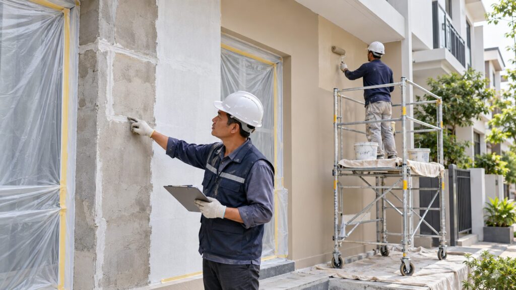 Vân Huy kiểm tra nền, sơn lót và sơn phủ ngoại thất tại công trình