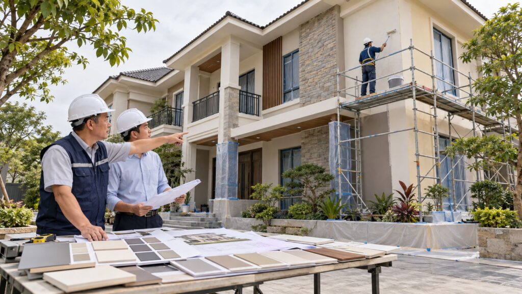Vân Huy duyệt màu và kiểm soát chất lượng thi công sơn biệt thự
