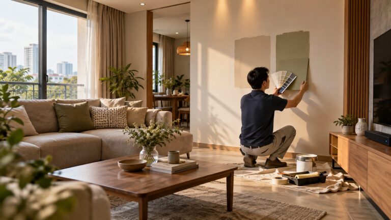 Chuyên gia Vân Huy thử mẫu màu sơn trong phòng khách dưới ánh sáng thực tế