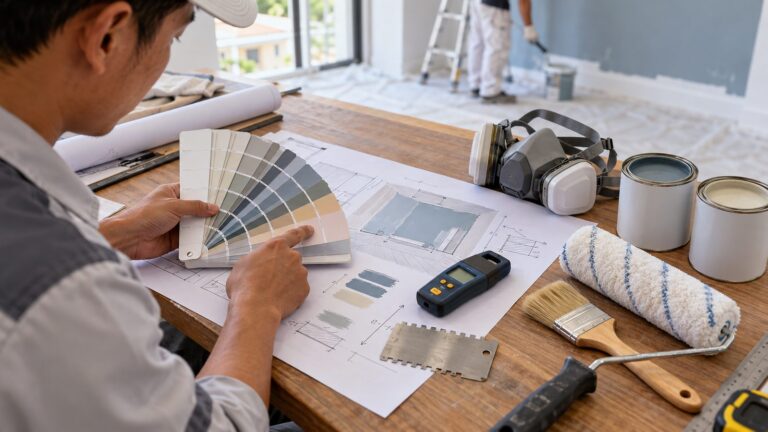 Đội ngũ Vân Huy đối chiếu thuật ngữ, dụng cụ đo và vật liệu sơn trước khi thi công