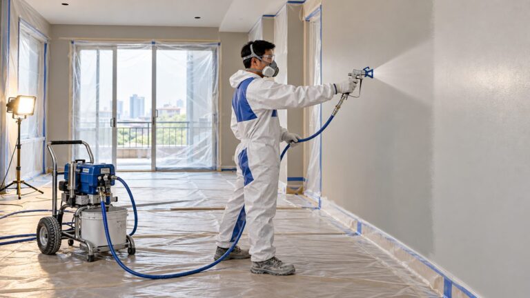 Thợ Vân Huy phun sơn airless an toàn trong khu vực được che chắn