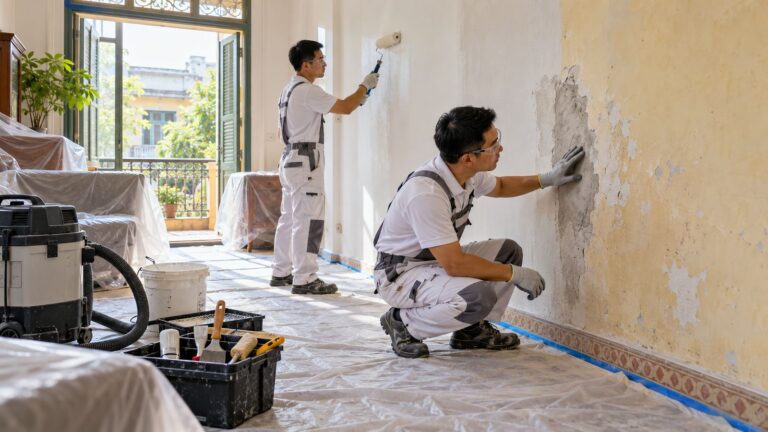 Đội ngũ Vân Huy khảo sát và xử lý nền khi sơn lại nhà cũ