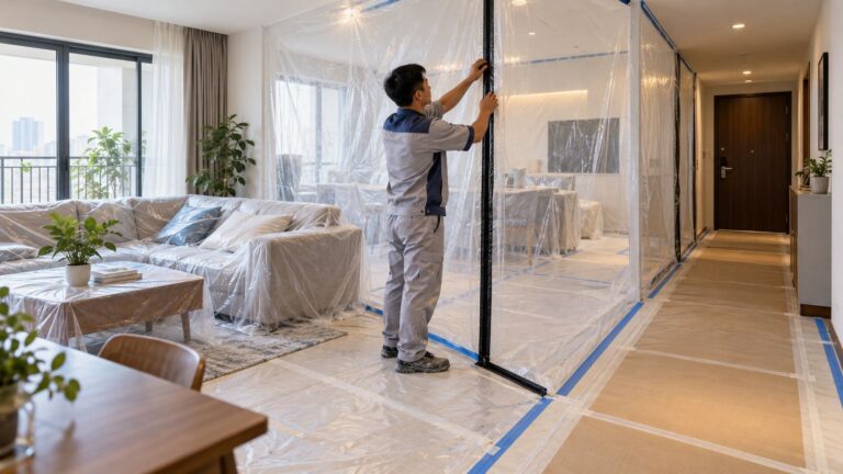 Sơn căn hộ đang ở - Vân Huy phân khu và che chắn đồ đạc trước thi công