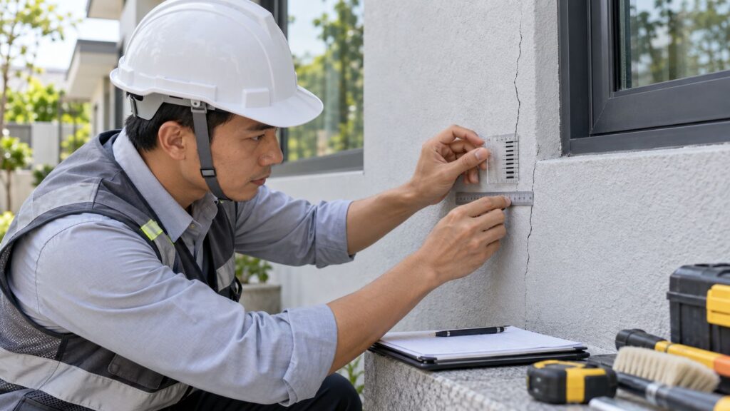 Sơn đàn hồi che phủ vết nứt - kỹ thuật viên Vân Huy đo và theo dõi vết nứt tường