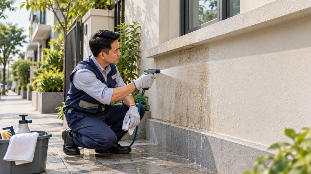 Kỹ thuật viên Vân Huy thử rửa kiểm soát trên tường sơn ngoại thất chống bám bụi
