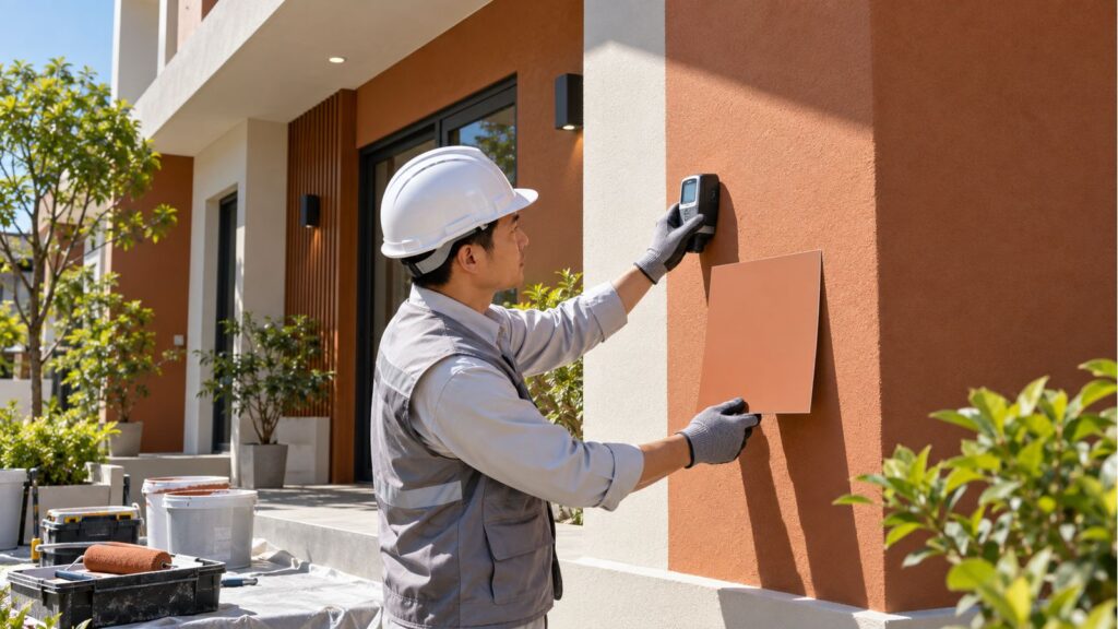 Kỹ thuật viên Vân Huy kiểm tra độ đồng đều màu sơn ngoại thất dưới nắng UV