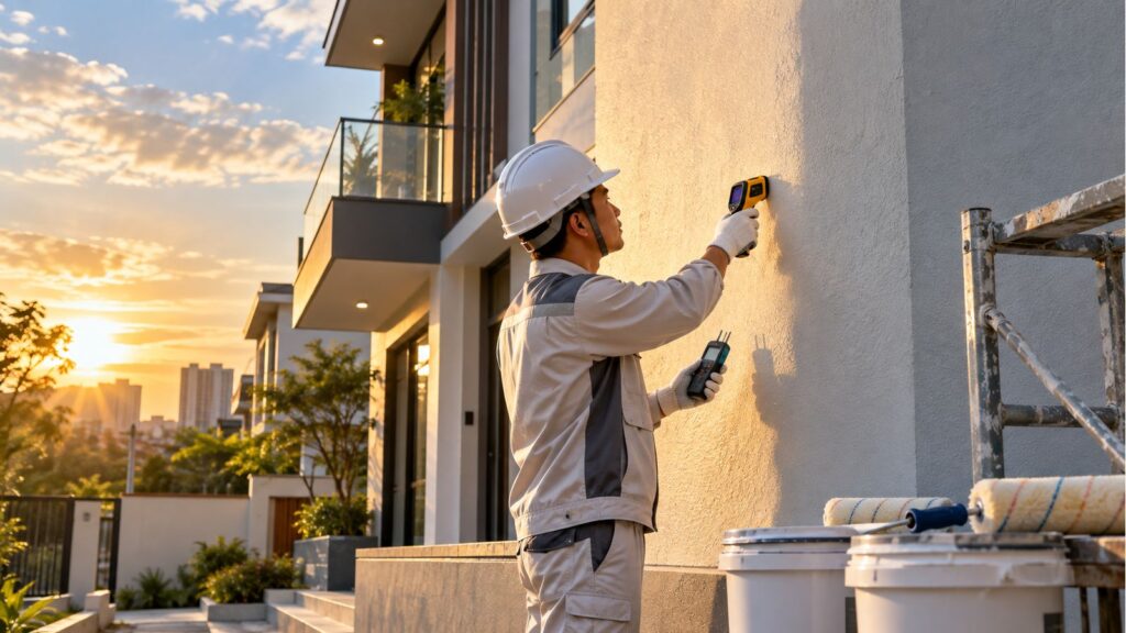 Kỹ thuật viên Vân Huy đo nhiệt độ và độ ẩm tường hướng Tây trước khi sơn