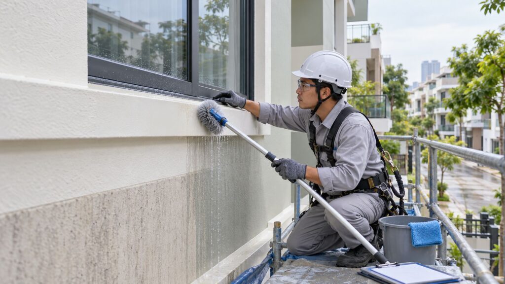 Vệ sinh bảo trì mặt tiền - kỹ thuật viên Vân Huy làm sạch và kiểm tra khe cửa